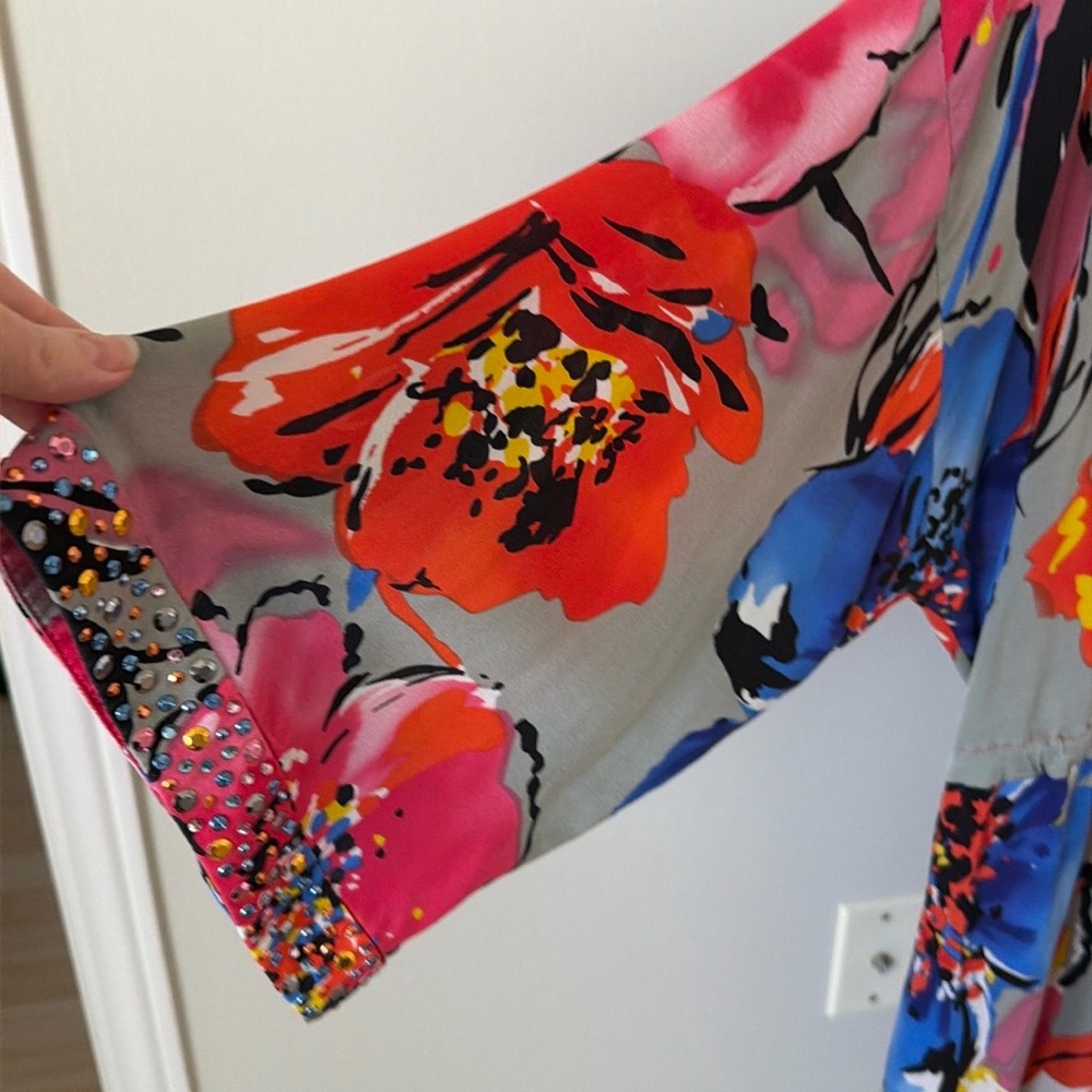 St. John silk blend floral tunic midi dress with rhinestone accents, size XL - Picture 7 of 12